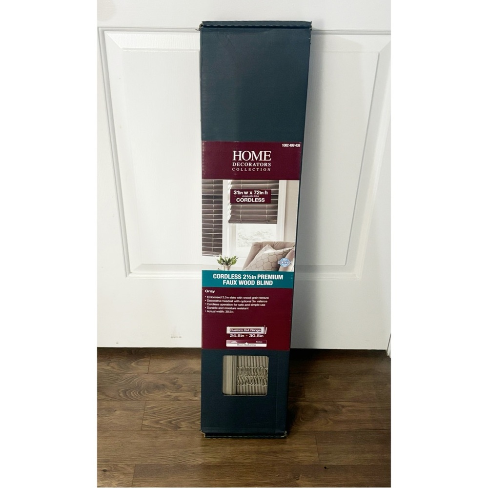 Home Decorators Collection Cordless Premium Faux Wood Blind, Gray, 31" x 72" NEW